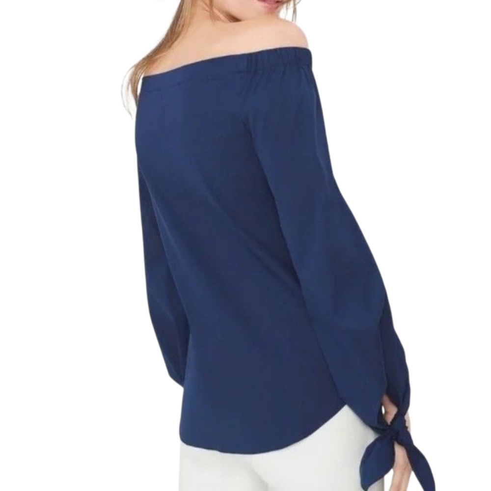 White House Black Market Navy Off-Shoulder Tie-Sleeve Top - Picture 4 of 9